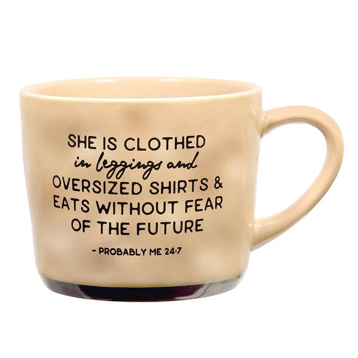 Funny Bible Quote Mug "She Is Clothed In Leggings & Eats Without Fear Of The Future" Stocking Stuffer Gift Funny Mug | Stoneware Coffee Tea Mug | 15oz.