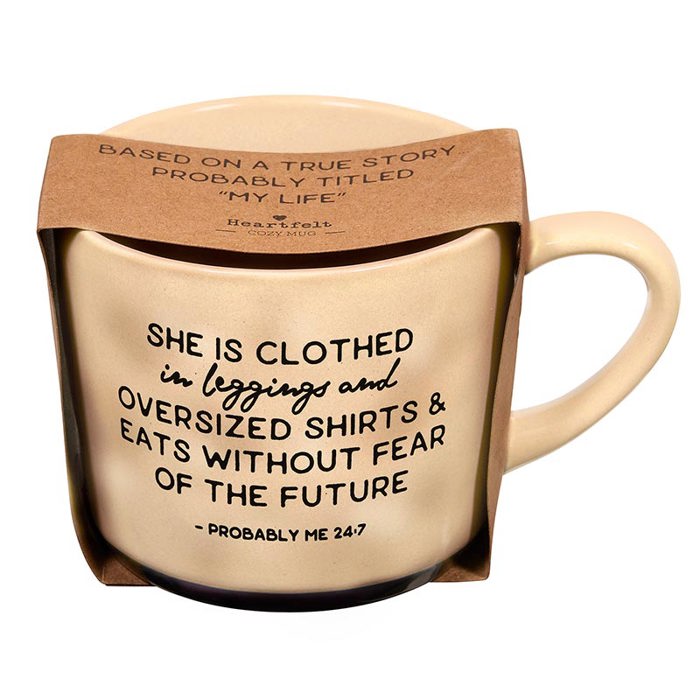 Funny Bible Quote Mug "She Is Clothed In Leggings & Eats Without Fear Of The Future" Stocking Stuffer Gift Funny Mug | Stoneware Coffee Tea Mug | 15oz.
