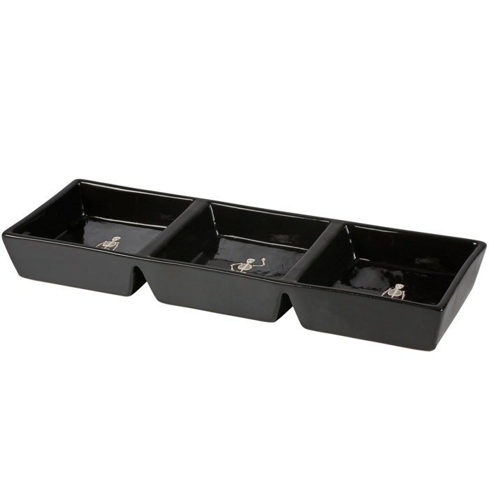 Skeletons Tidbit Tray in Glossy Black | Halloween Themed Stoneware Serving Tray | 13" x 4.75"