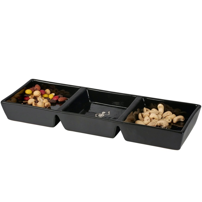 Skeletons Tidbit Tray in Glossy Black | Halloween Themed Stoneware Serving Tray | 13" x 4.75"