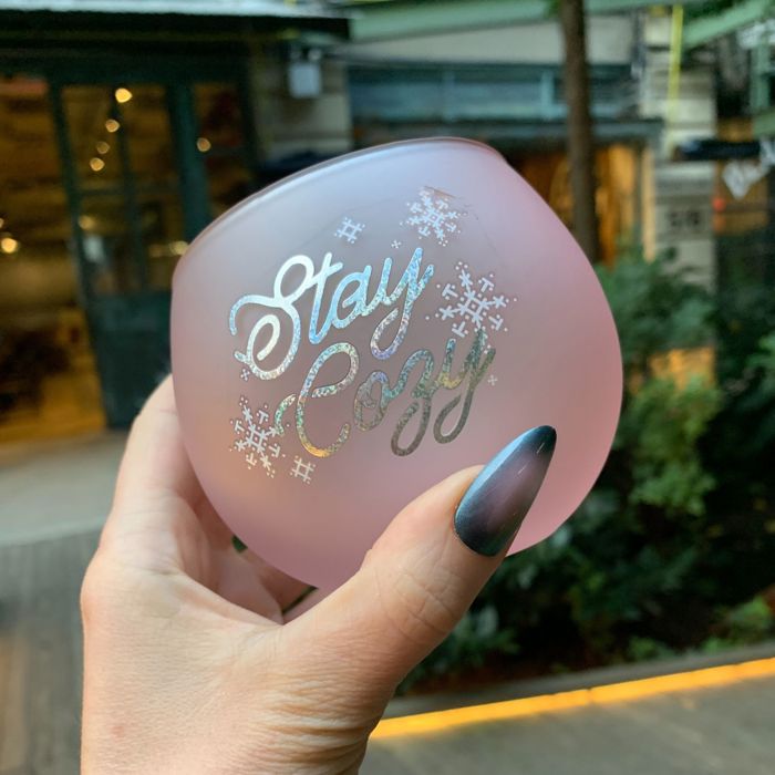 Stay Cozy Roly Poly Blush Pink Ombre Wine Glass  | 13 oz. | Fall Christmas Snowflake Hygge Themed Small Wine Glass