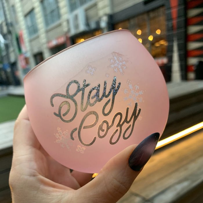 Stay Cozy Roly Poly Blush Pink Ombre Wine Glass  | 13 oz. | Fall Christmas Snowflake Hygge Themed Small Wine Glass