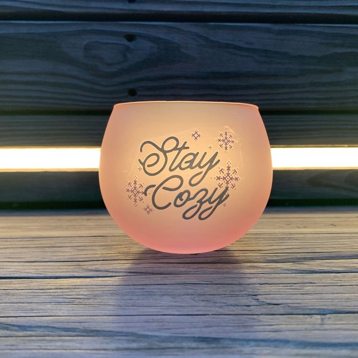Stay Cozy Roly Poly Blush Pink Ombre Wine Glass  | 13 oz. | Fall Christmas Snowflake Hygge Themed Small Wine Glass