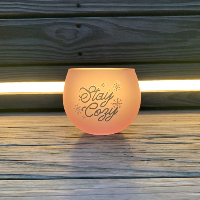 Stay Cozy Roly Poly Blush Pink Ombre Wine Glass  | 13 oz. | Fall Christmas Snowflake Hygge Themed Small Wine Glass