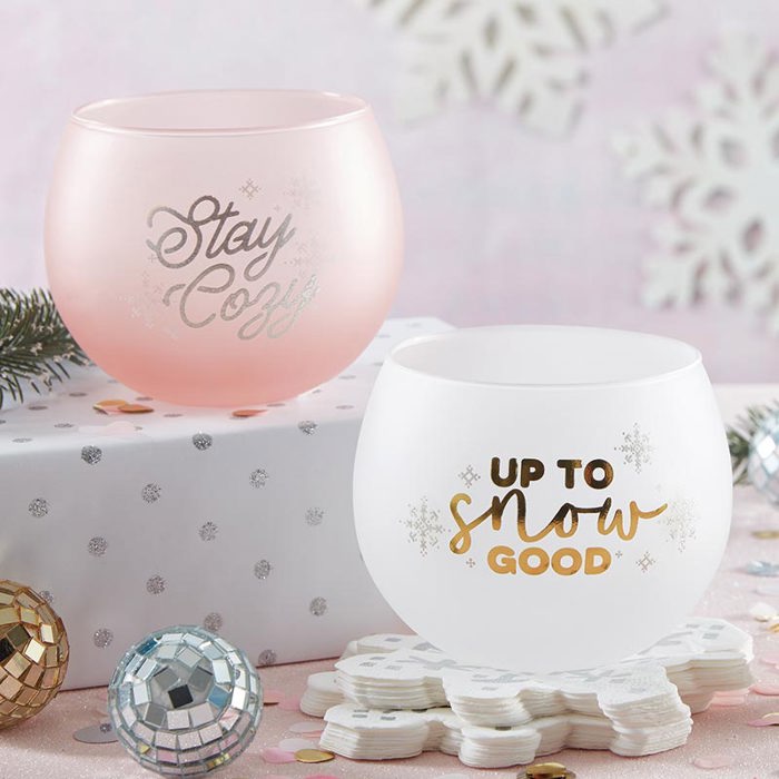 Stay Cozy Roly Poly Blush Pink Ombre Wine Glass  | 13 oz. | Fall Christmas Snowflake Hygge Themed Small Wine Glass