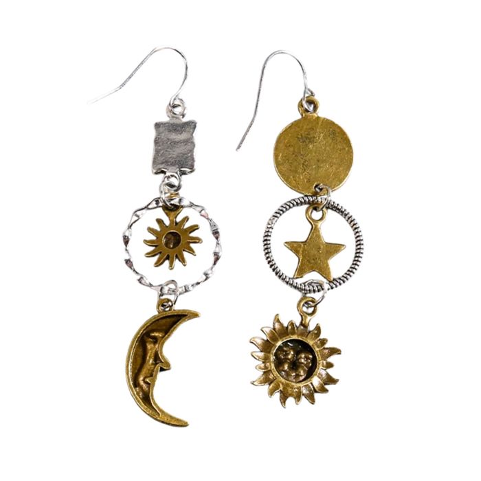 Sun and Moon Celestial Charm Earrings | Dangle Earrings 2.75" Long Boho Jewelry