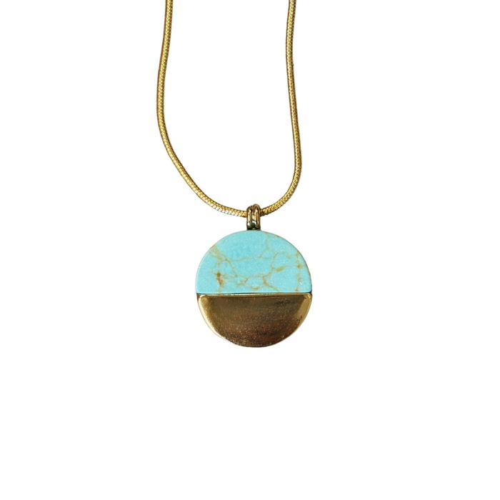 Turquoise Disc Necklace 20" Chain with 1" Stone Pendant | Minimalist Half-Metal Jewelry