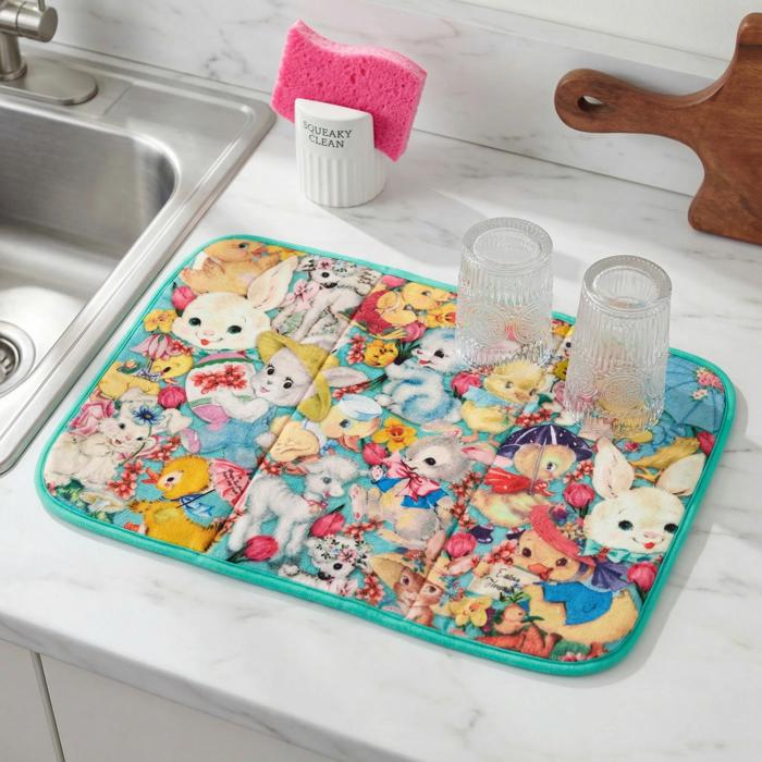 Vintage Spring Animals Drying Mat | Bunny Chick & Lamb Dish Drainer Pad | 21" x 14"
