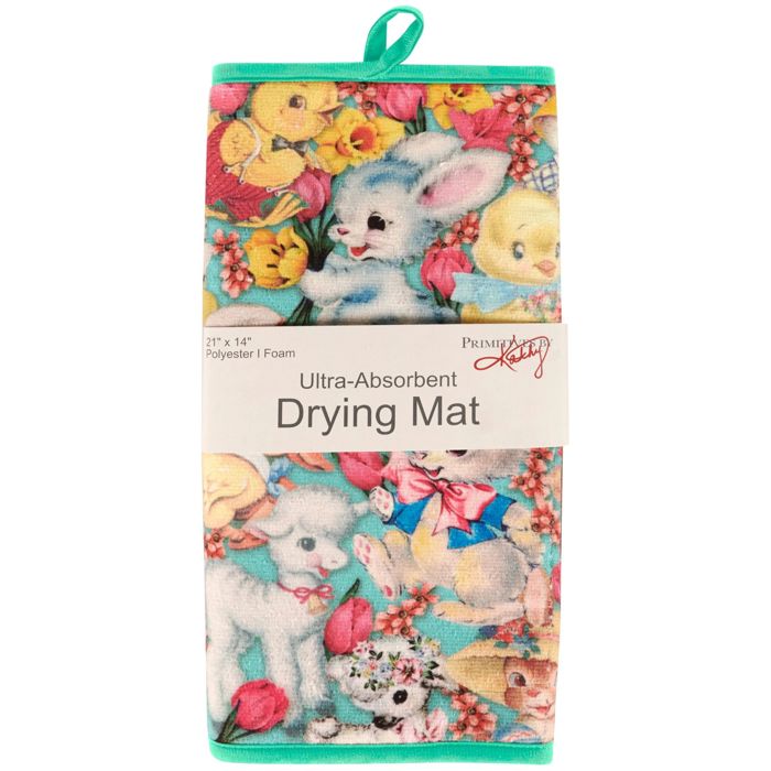 Vintage Spring Animals Drying Mat | Bunny Chick & Lamb Dish Drainer Pad | 21" x 14"