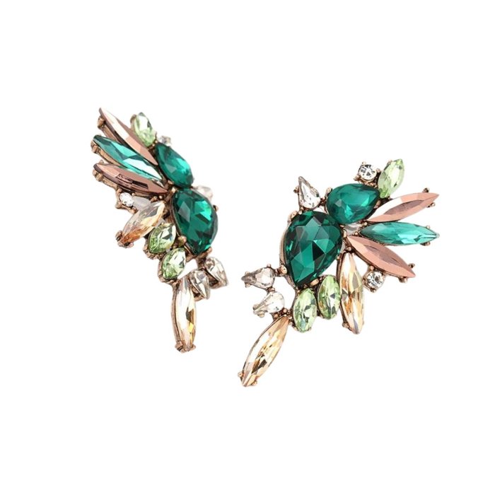 Wings of Emerald Jeweled Cluster Earrings with Crystals