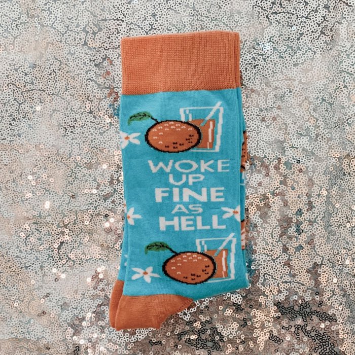 Woke Up Fine As Hell Socks in Blue | Orange Juice Illustration