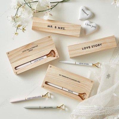Wood Box with Gem Pen Set | Refillable Ballpoint in Pinewood Gift Box