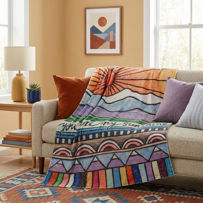 You Are My Sunshine Plush Throw Blanket | Colorful Woodburned-style Artwork Flannel Blanket | 50" x 60"