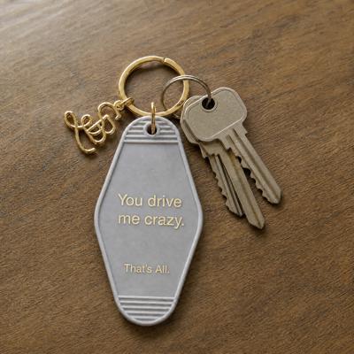 You Drive Me Crazy Vintage Motel Style Keychain in Gray with Gold Hardware