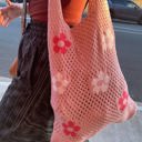  Hippie Boho Knitted Flower Tote | Floral Print Soft Shoulder Bag in Groovy Pink