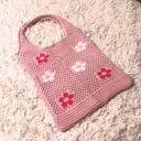  Hippie Boho Knitted Flower Tote | Floral Print Soft Shoulder Bag in Groovy Pink