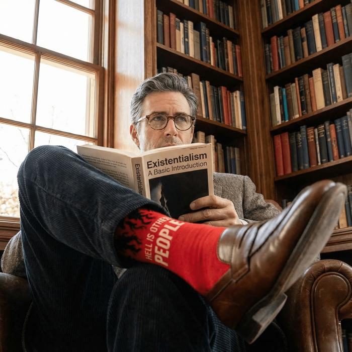 Hell is Other People Socks Men's Dress Socks in Black and Red | Funny Gift for Men | Jean-Paul Sartre Quote