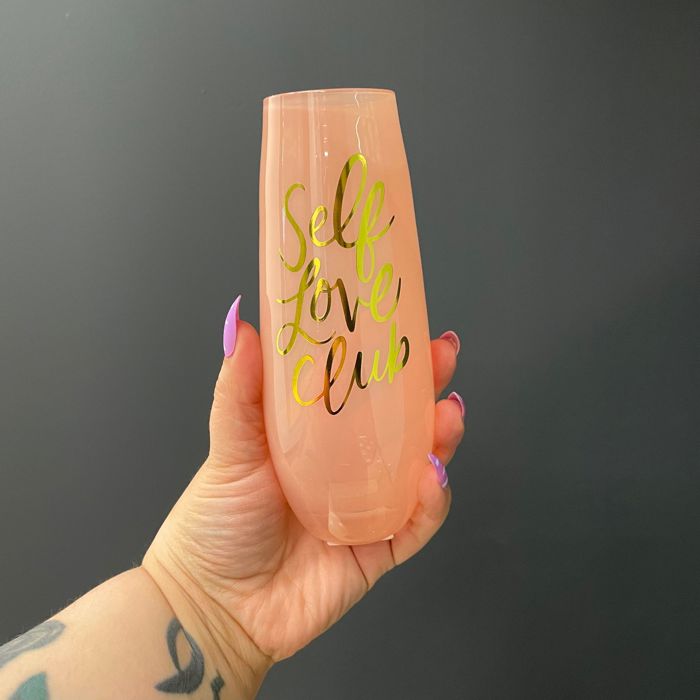 Self Love Club Stemless Champagne Flute Glass in Tinted Pink | Barware Girls Party