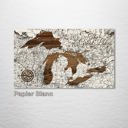 Small (11.25” x 19”) Papier Blanc Wooden Engraved Great Lakes Street Map