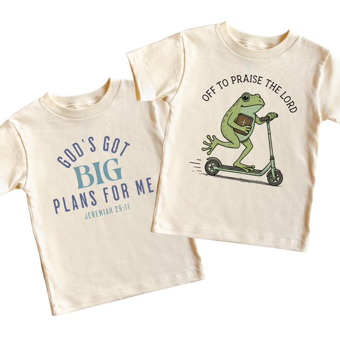 Off To Praise The Lord Frog Scooter Shirt, God's Got Big Plans For Me Shirt, Christian Scripture Kids Faith Tees