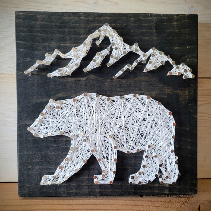 DIY String Art bear & Mountains, Home Décor, Relaxing Craft, wall hanging, shelf art