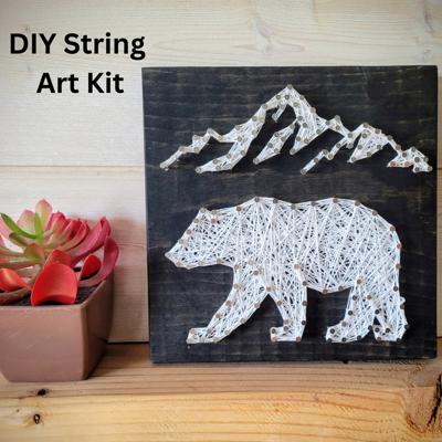 DIY String Art bear & Mountains, Home Décor, Relaxing Craft, wall hanging, shelf art