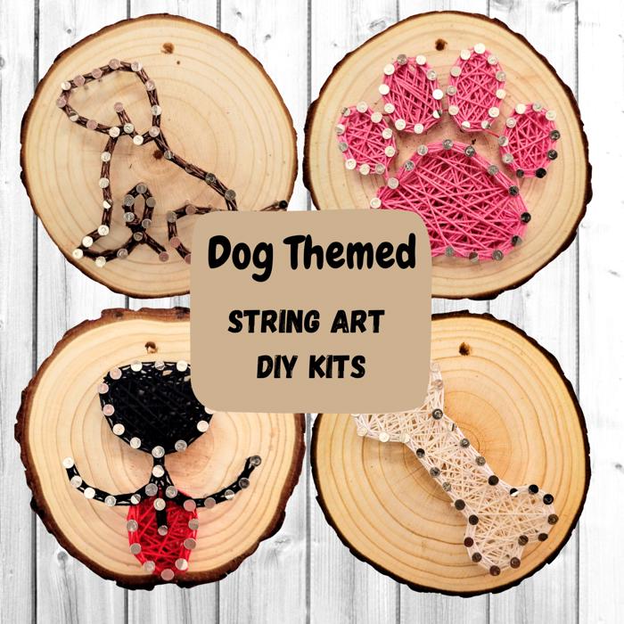 DIY String Art Kits for Dog Lovers! 4 pattern options: Dog face, Dog silhouette, Bone and pawprint. Crafts for Kids, Teens and Adults. Fun Family Activities. DIY Crafts!