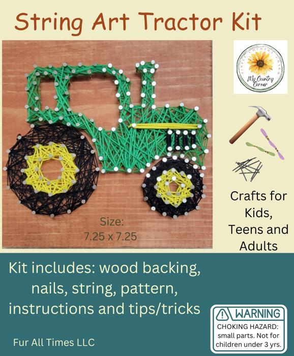 DIY String Art Tractor, Fun activity, Home Décor, wall hanging, shelf art. Fall Craft, Gift Idea! Boys room decor. Activities for kids