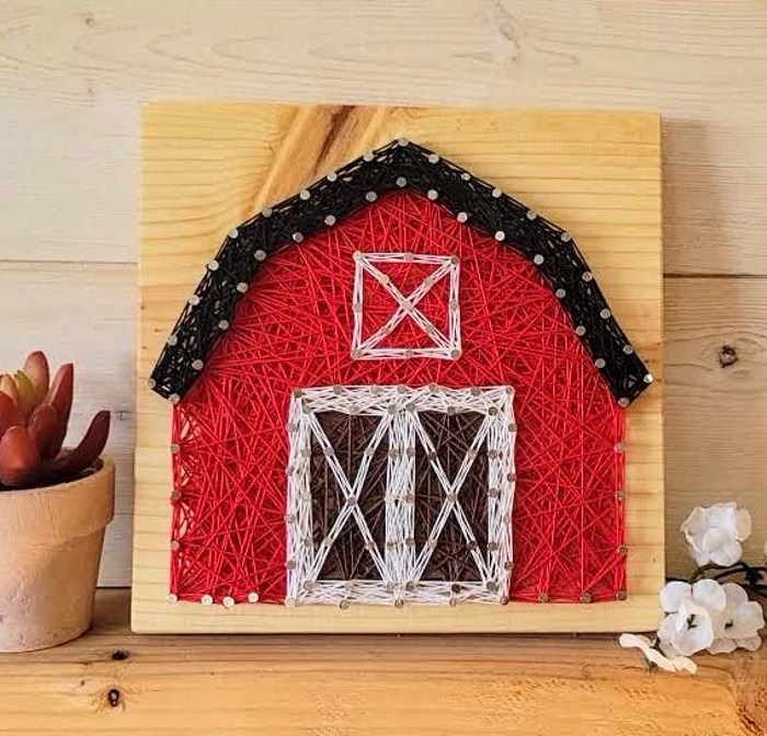 DIY String Art Country Barn Kit, Farmhouse Décor, Relaxing and Fun Craft, wall hanging, shelf art. Gift Idea! Activity for kids, teens & adults.