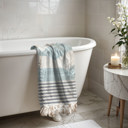 Mediterranean Light Blue Turkish Cotton Towels Oversized, Large Decorative Throw Towels with Bamboo Tassels