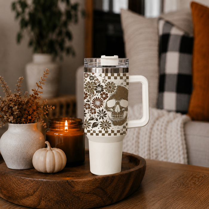 Retro Ghost 40oz Halloween Tumbler| Checkered Floral Spooky Season Cup