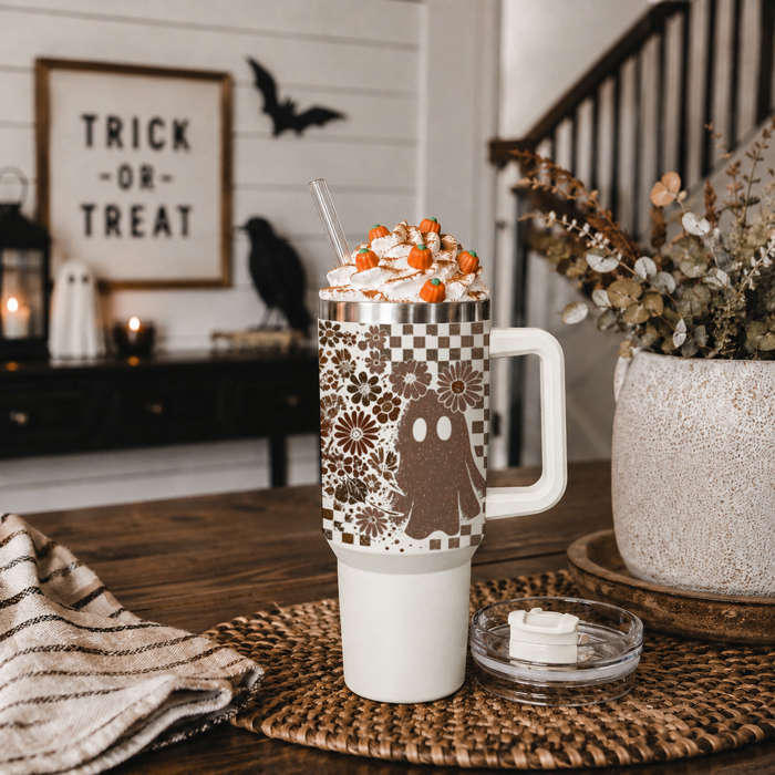 Retro Ghost 40oz Halloween Tumbler| Checkered Floral Spooky Season Cup