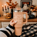 Leaves Falling Retro Ghost 40oz Halloween Tumbler| Checkered Floral Spooky Season Cup