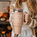 Leaves Falling Retro Ghost 40oz Halloween Tumbler| Checkered Floral Spooky Season Cup