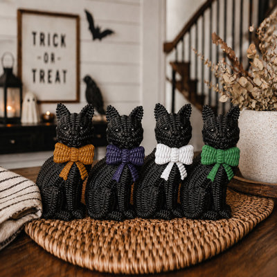 Black Cat Halloween Decor | Cute Cat Figurine With Bow | Spooky Shelf Decor | Halloween Tiered Tray Decor, Unique Halloween Gift for Cat Mom