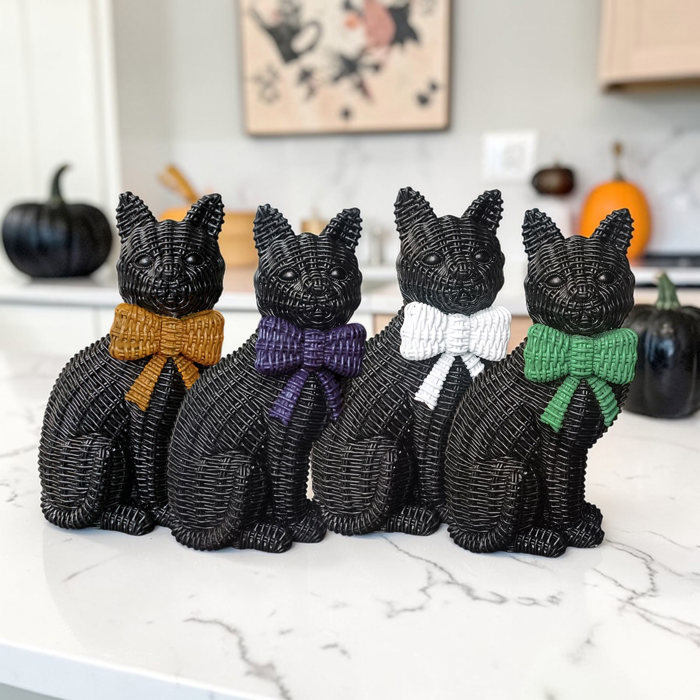 Black Cat Halloween Decor | Cute Cat Figurine With Bow | Spooky Shelf Decor | Halloween Tiered Tray Decor, Unique Halloween Gift for Cat Mom