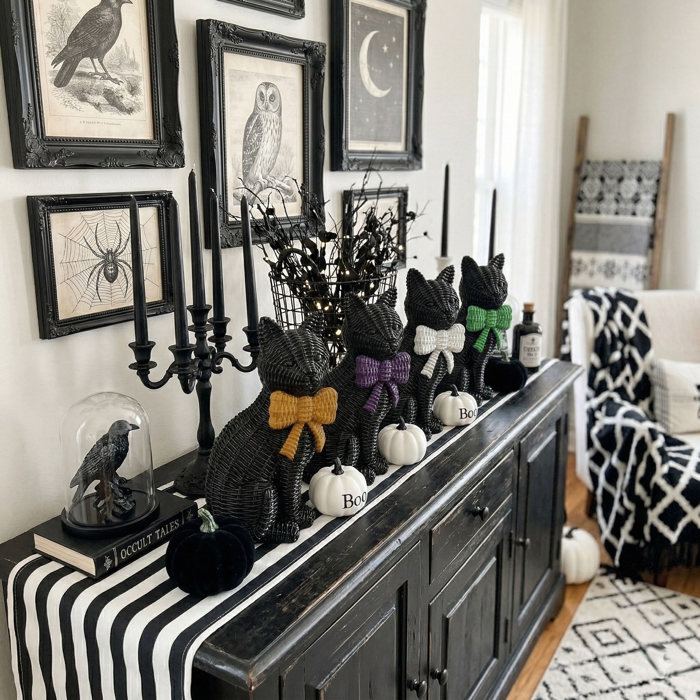 Black Cat Halloween Decor | Cute Cat Figurine With Bow | Spooky Shelf Decor | Halloween Tiered Tray Decor, Unique Halloween Gift for Cat Mom