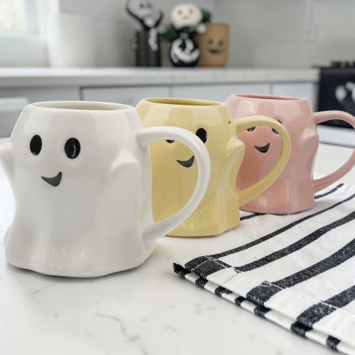 Ghost Shaped Mugs | Cute Halloween Coffee Cup | Spooky Season Kitchen | Fall Pastel Ceramic Ghost Gifts | Modern Halloween Decor Gift Ideas