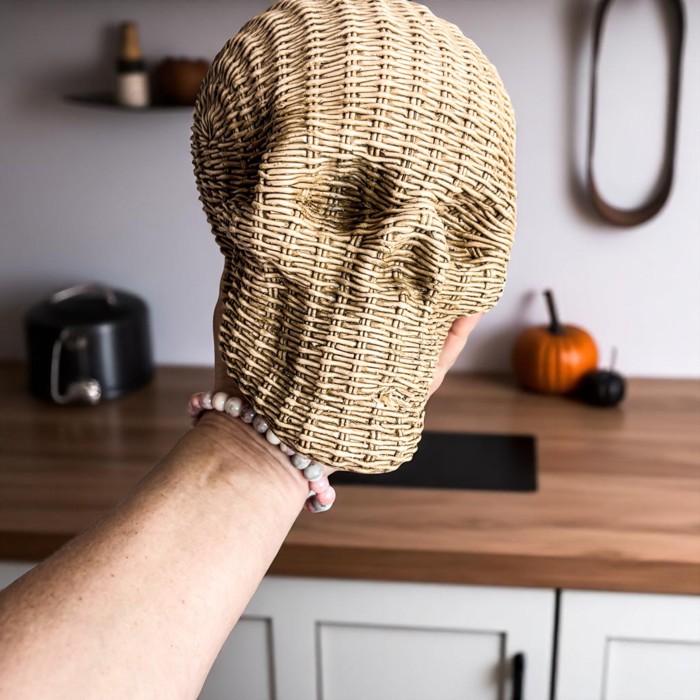 Halloween Home Decorations | Handmade Resin Skull Head Figurines | Rattan Fall Decor Style | Skeleton Face Home Accents | Gothic Farmhouse Home Decor & Gifts