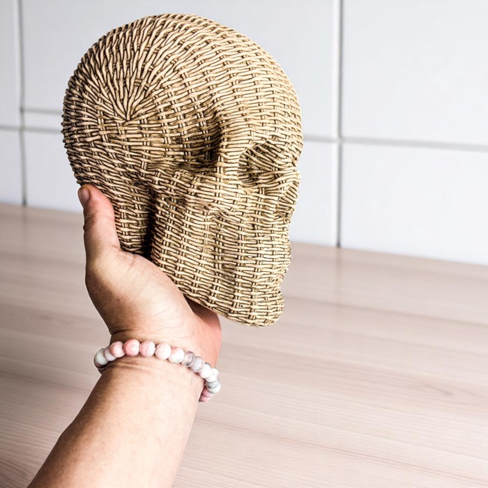 Halloween Home Decorations | Handmade Resin Skull Head Figurines | Rattan Fall Decor Style | Skeleton Face Home Accents | Gothic Farmhouse Home Decor & Gifts