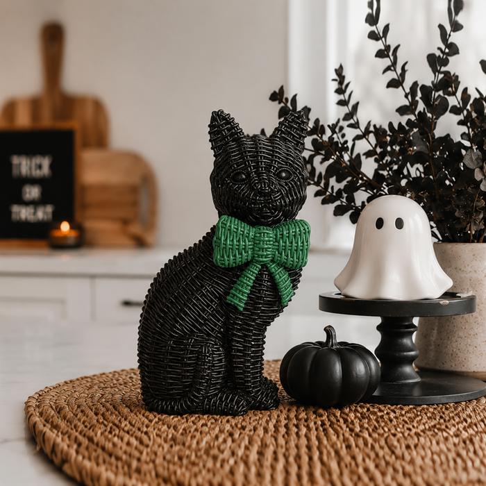 Black Cat Halloween Decor | Cute Cat Figurine With Bow | Spooky Shelf Decor | Halloween Tiered Tray Decor, Unique Halloween Gift for Cat Mom