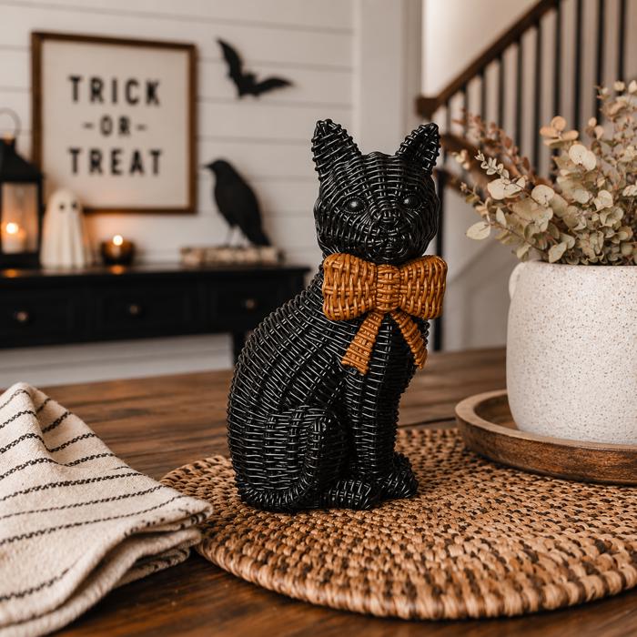 Black Cat Halloween Decor | Cute Cat Figurine With Bow | Spooky Shelf Decor | Halloween Tiered Tray Decor, Unique Halloween Gift for Cat Mom