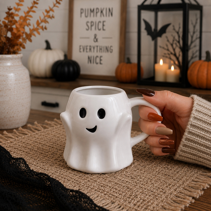 Ghost Shaped Mugs | Cute Halloween Coffee Cup | Spooky Season Kitchen | Fall Pastel Ceramic Ghost Gifts | Modern Halloween Decor Gift Ideas