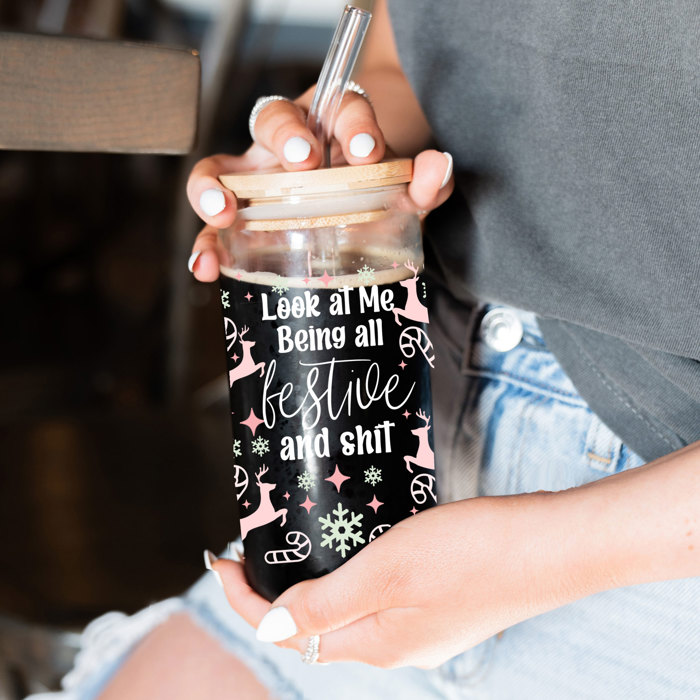 Glass Cups with Lid and Straws 2pk | 17oz Funny Glass Tumblers For Moms | Glass Can Cups