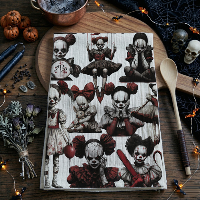 Creepy Halloween Decor + Gifts | Scary Killer Clown Dolls | Creepy Evil Circus Girl Kitchen Gift Ideas | Horror Halloween Kitchen Towels