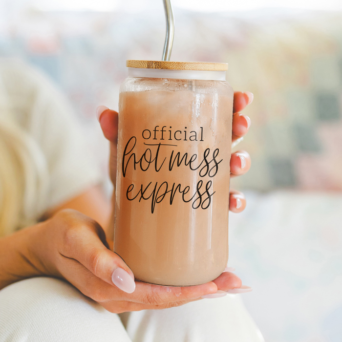 Glass Cups with Lid and Straws 2pk | 17oz Funny Glass Tumblers For Moms | Glass Can Cups