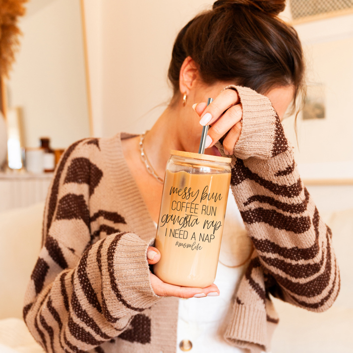Glass Cups with Lid and Straws 2pk | 17oz Funny Glass Tumblers For Moms | Glass Can Cups