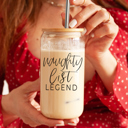 Naughty List Glass Cups with Lid and Straws 2pk | 17oz Funny Glass Tumblers For Moms | Glass Can Cups