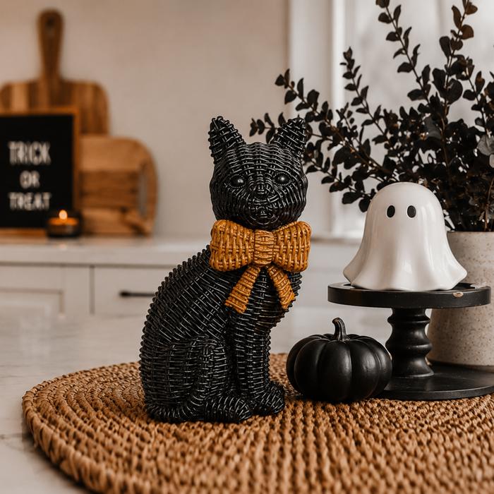 Black Cat Halloween Decor | Cute Cat Figurine With Bow | Spooky Shelf Decor | Halloween Tiered Tray Decor, Unique Halloween Gift for Cat Mom
