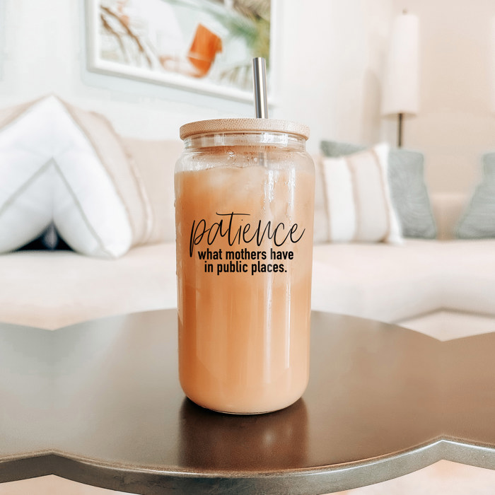 Glass Cups with Lid and Straws 2pk | 17oz Funny Glass Tumblers For Moms | Glass Can Cups